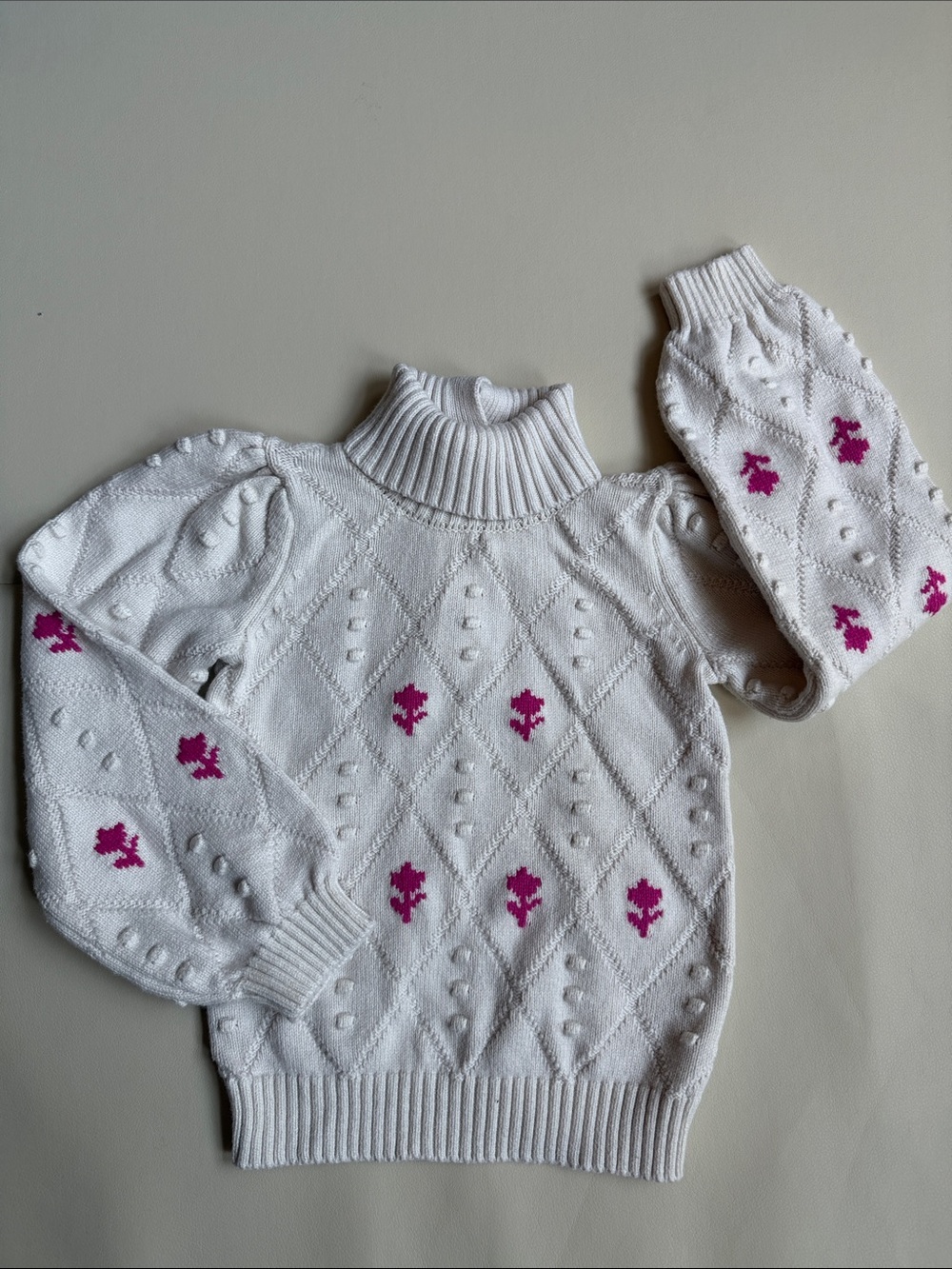 Janie & Jack Girls White Knit Turtleneck Sweater with Pink Floral Accents